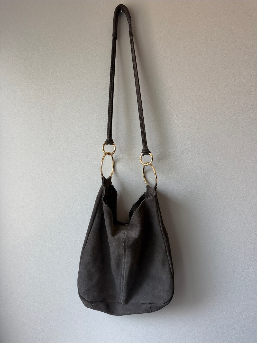 Dark Gray Suede Shoulder Tote with Gold Ring Detail